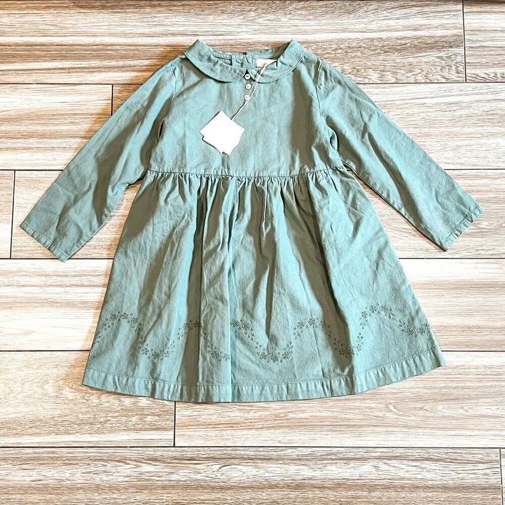 NWT! Omibia Pine Green Long Sleeve Pan Collar Eyelet Floral Mimosa Dress Size 4